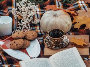 Preview wallpaper tea, book, autumn, cookies, leaves, pumpkin