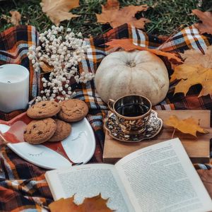 Preview wallpaper tea, book, autumn, cookies, leaves, pumpkin