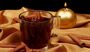 Preview wallpaper tea, cinnamon, cup, glass, candle, cloth, gold