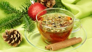 Preview wallpaper tea, cinnamon, cup, cone, branch, fir, ball, christmas, new year