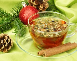 Preview wallpaper tea, cinnamon, cup, cone, branch, fir, ball, christmas, new year