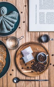 Preview wallpaper tea, coffee beans, coffee, spoon, books, glass