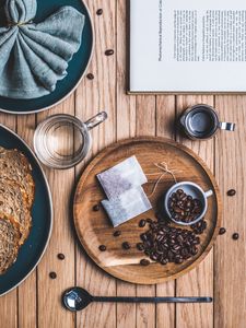 Preview wallpaper tea, coffee beans, coffee, spoon, books, glass