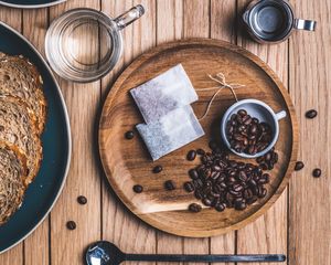 Preview wallpaper tea, coffee beans, coffee, spoon, books, glass