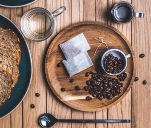 Preview wallpaper tea, coffee beans, coffee, spoon, books, glass