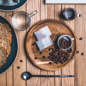 Preview wallpaper tea, coffee beans, coffee, spoon, books, glass