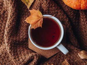 Preview wallpaper tea, cup, autumn, leaves, comfort