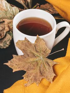 Preview wallpaper tea, cup, autumn, maple, leaves