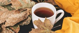 Preview wallpaper tea, cup, autumn, maple, leaves