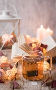 Preview wallpaper tea, cup, book, garlands, leaves, comfort