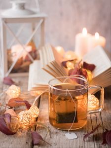 Preview wallpaper tea, cup, book, garlands, leaves, comfort