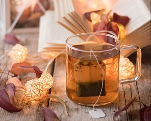 Preview wallpaper tea, cup, book, garlands, leaves, comfort