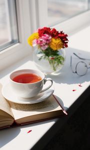 Preview wallpaper tea, cup, bouquet, book, flowers, glasses