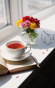 Preview wallpaper tea, cup, bouquet, book, flowers, glasses