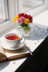 Preview wallpaper tea, cup, bouquet, book, flowers, glasses