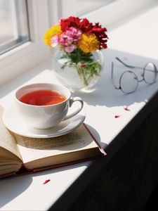 Preview wallpaper tea, cup, bouquet, book, flowers, glasses