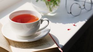 Preview wallpaper tea, cup, bouquet, book, flowers, glasses