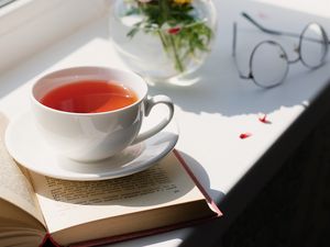 Preview wallpaper tea, cup, bouquet, book, flowers, glasses