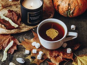 Preview wallpaper tea, cup, candle, autumn, leaves, comfort