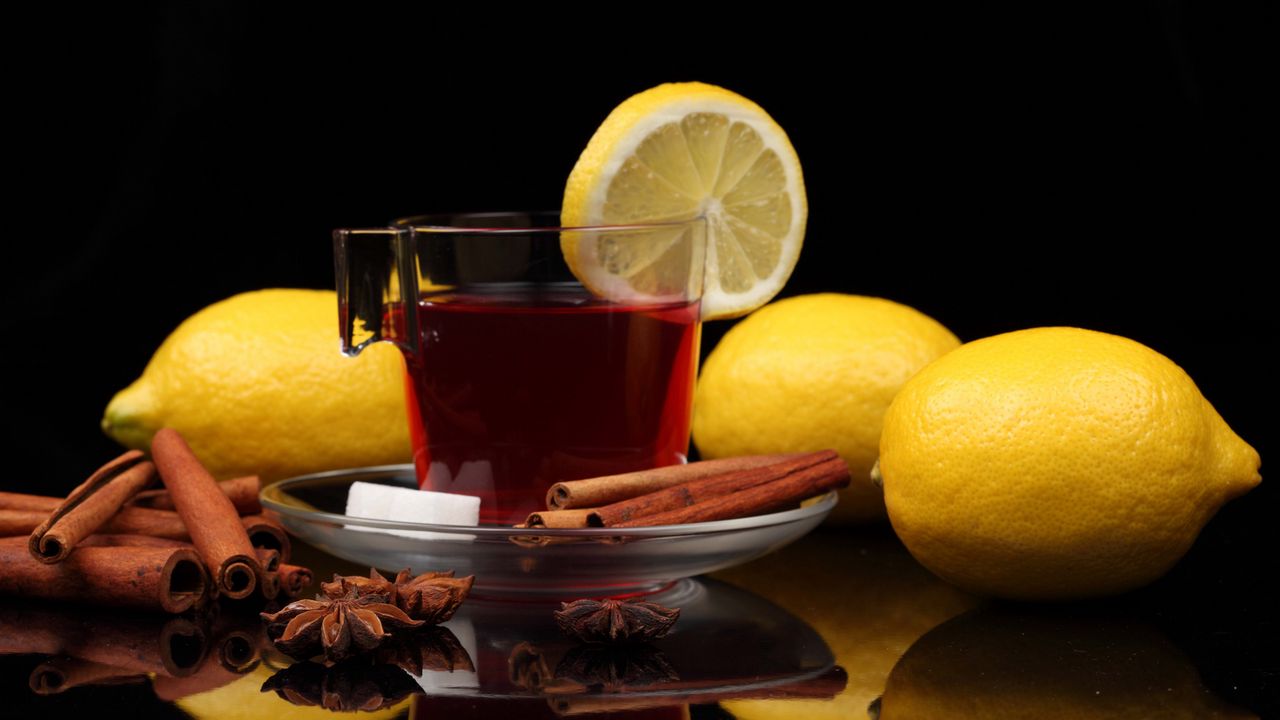 Wallpaper tea, cup, cinnamon, lemon, black background, sugar