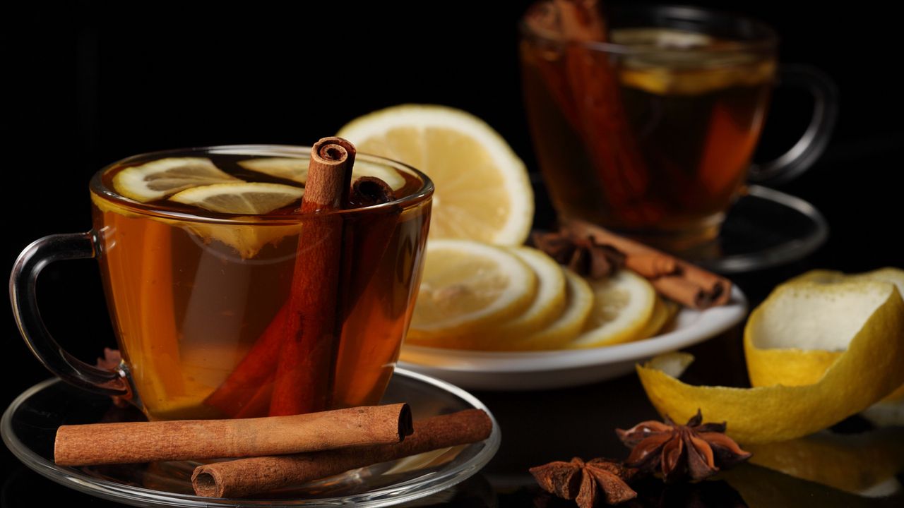 Wallpaper tea, cup, cinnamon, lemon, black background