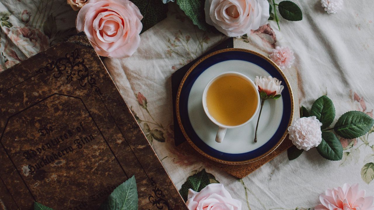 Wallpaper tea, cup, flowers, book, still life