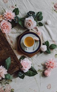 Preview wallpaper tea, cup, flowers, book, still life