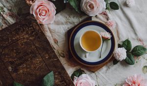Preview wallpaper tea, cup, flowers, book, still life