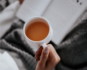 Preview wallpaper tea, cup, hand, book, reading