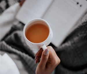 Preview wallpaper tea, cup, hand, book, reading