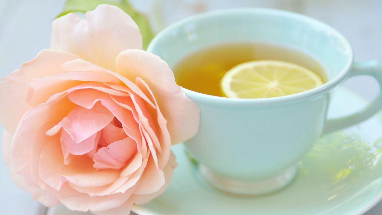 Wallpaper tea, cup, lemon, rose