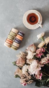 Preview wallpaper tea, cup, macarons, cookies, bouquet, flowers