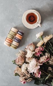 Preview wallpaper tea, cup, macarons, cookies, bouquet, flowers