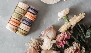 Preview wallpaper tea, cup, macarons, cookies, bouquet, flowers