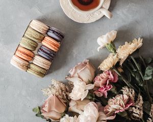 Preview wallpaper tea, cup, macarons, cookies, bouquet, flowers