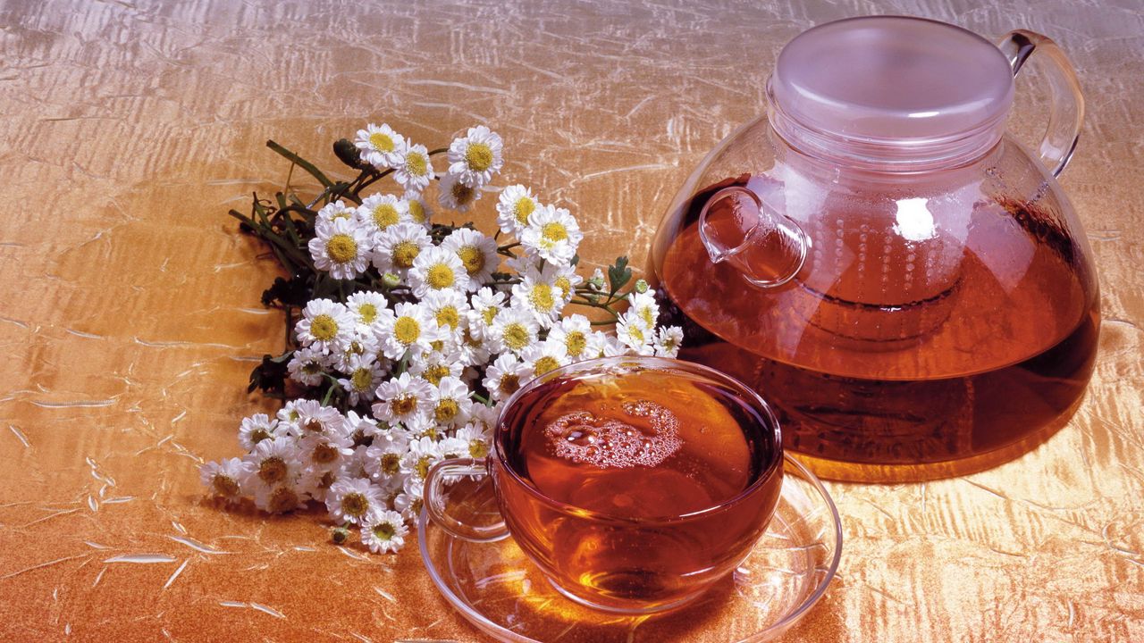 Wallpaper tea, drink, cup, decanter, camomile, flowers