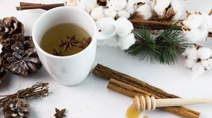 Preview wallpaper tea, drink, spices, pine cones, cotton flowers, winter, white