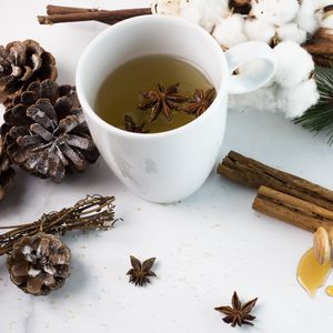 Preview wallpaper tea, drink, spices, pine cones, cotton flowers, winter, white