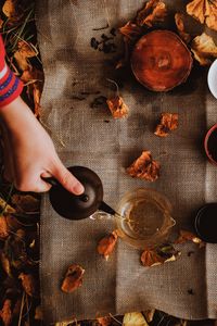 Preview wallpaper tea, kettle, autumn, hand, picnic