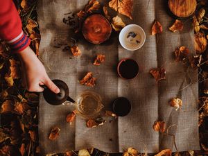 Preview wallpaper tea, kettle, autumn, hand, picnic