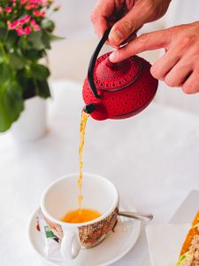 Preview wallpaper tea, kettle, cup, hands