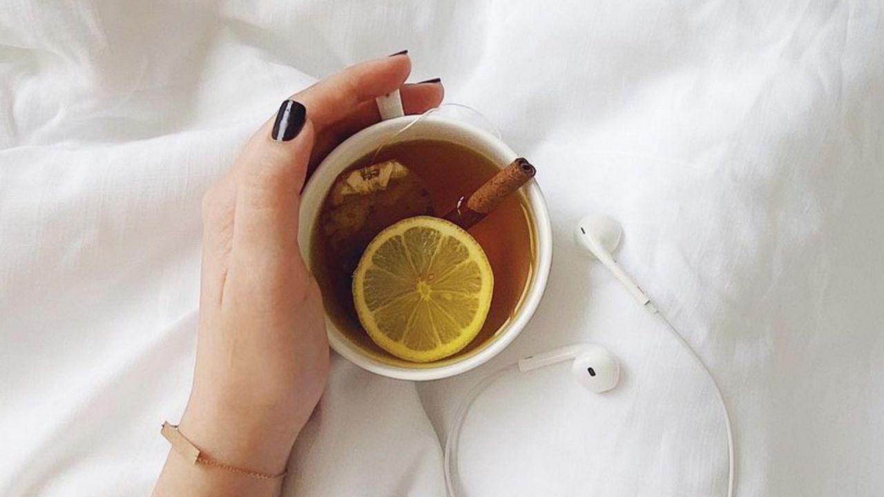 Wallpaper tea, lemon, cinnamon, cup, headphones, aesthetics