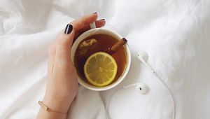 Preview wallpaper tea, lemon, cinnamon, cup, headphones, aesthetics