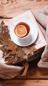 Preview wallpaper tea, lemon, cup, book, autumn, cozy