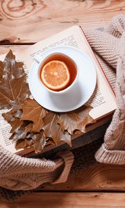 Preview wallpaper tea, lemon, cup, book, autumn, cozy