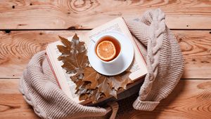 Preview wallpaper tea, lemon, cup, book, autumn, cozy