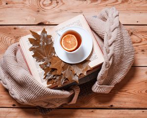 Preview wallpaper tea, lemon, cup, book, autumn, cozy