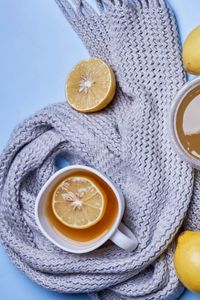 Preview wallpaper tea, lemon, cup, scarf, cozy, aesthetics