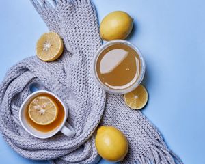 Preview wallpaper tea, lemon, cup, scarf, cozy, aesthetics