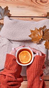 Preview wallpaper tea, lemon, mug, hands, sweater, autumn, cozy